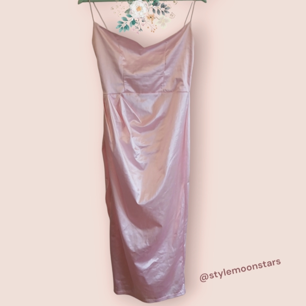 Pink Satin Slip Boutique Dress With Ruched Side And Slit
